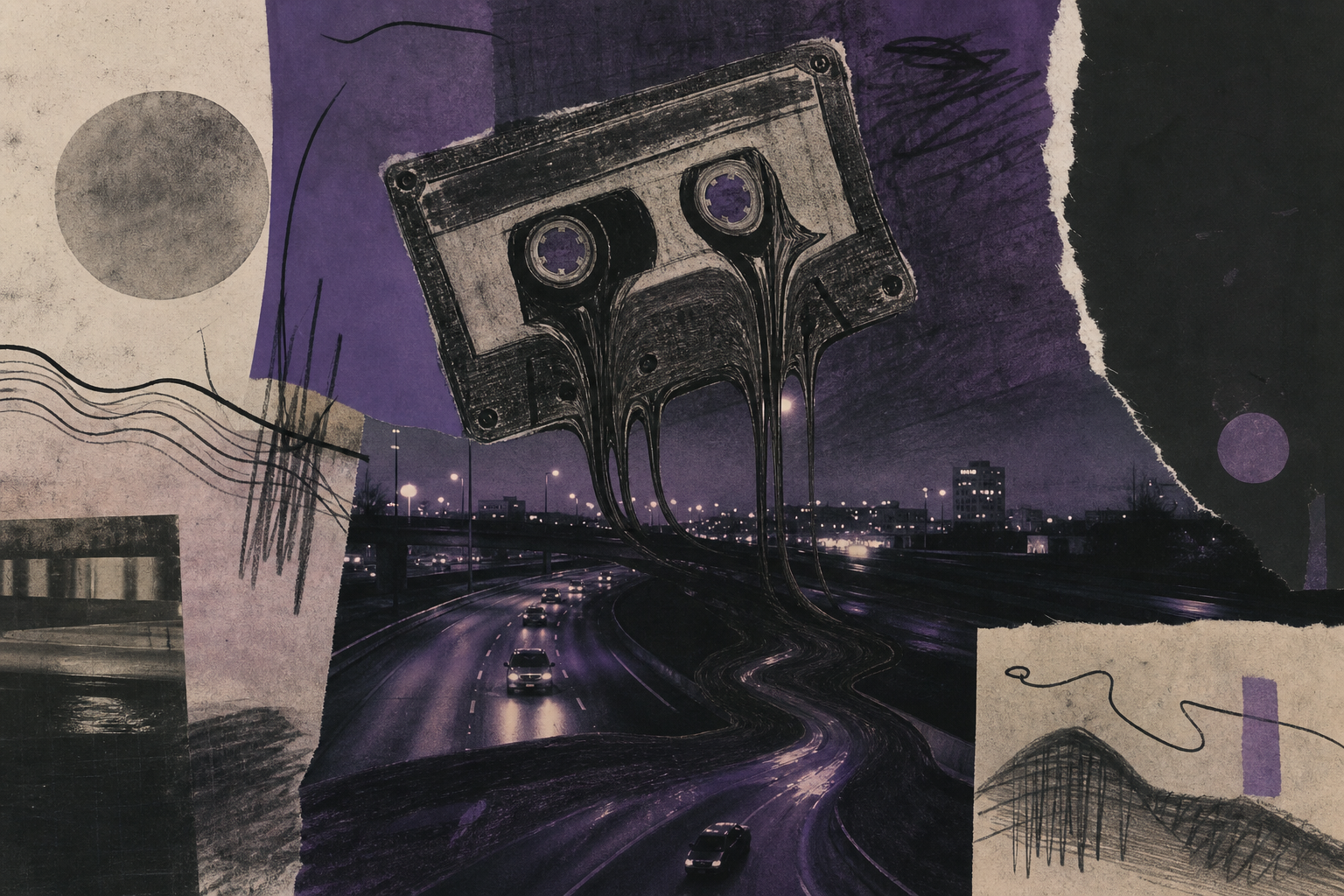 Un collage éditorial brut d’une cassette déformée, de tons crépusculaires violets, de lumières d’autoroute et de formes en papier découpé suggérant un déplacement lent à travers une ville la nuit