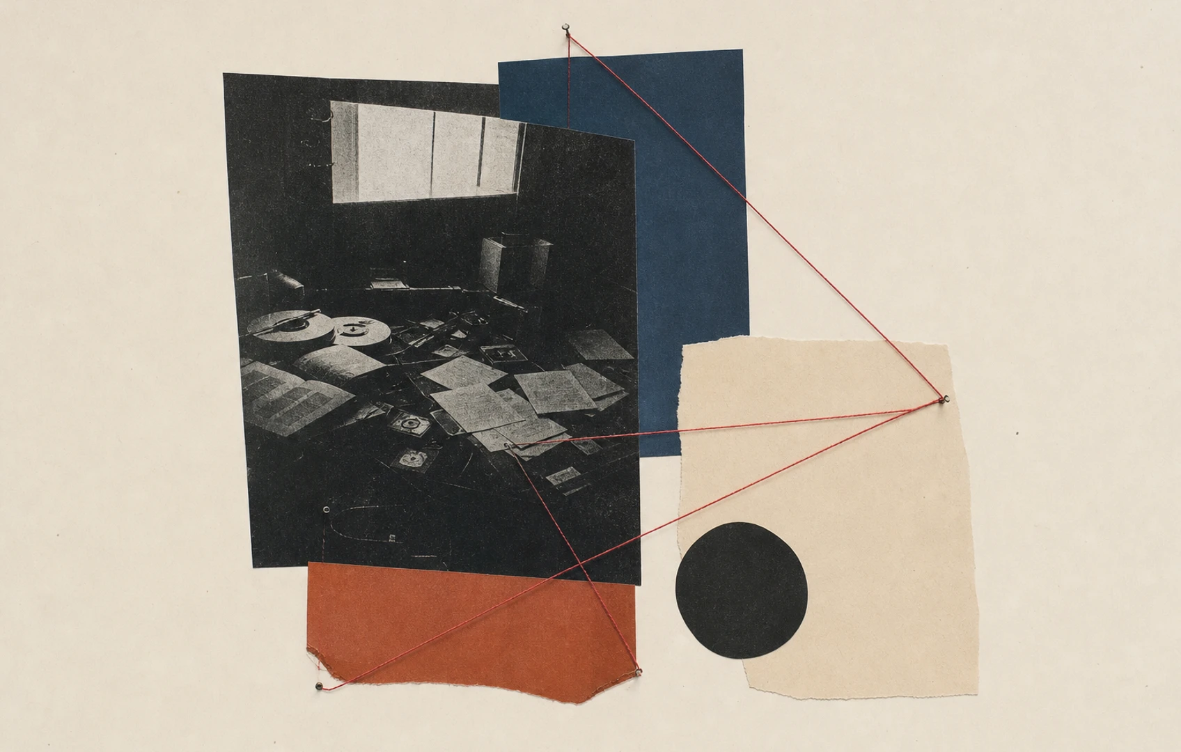 A cut-paper editorial illustration of scattered manuscript pages, tape reels, and contract fragments drifting across a dark studio desk with red thread linking them