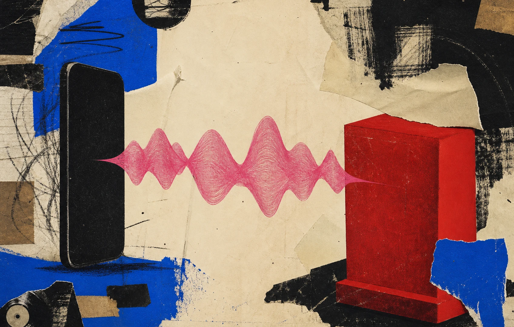 Bauhaus-style torn-paper collage of a pink waveform stretched between a black phone silhouette and a red podium shape.