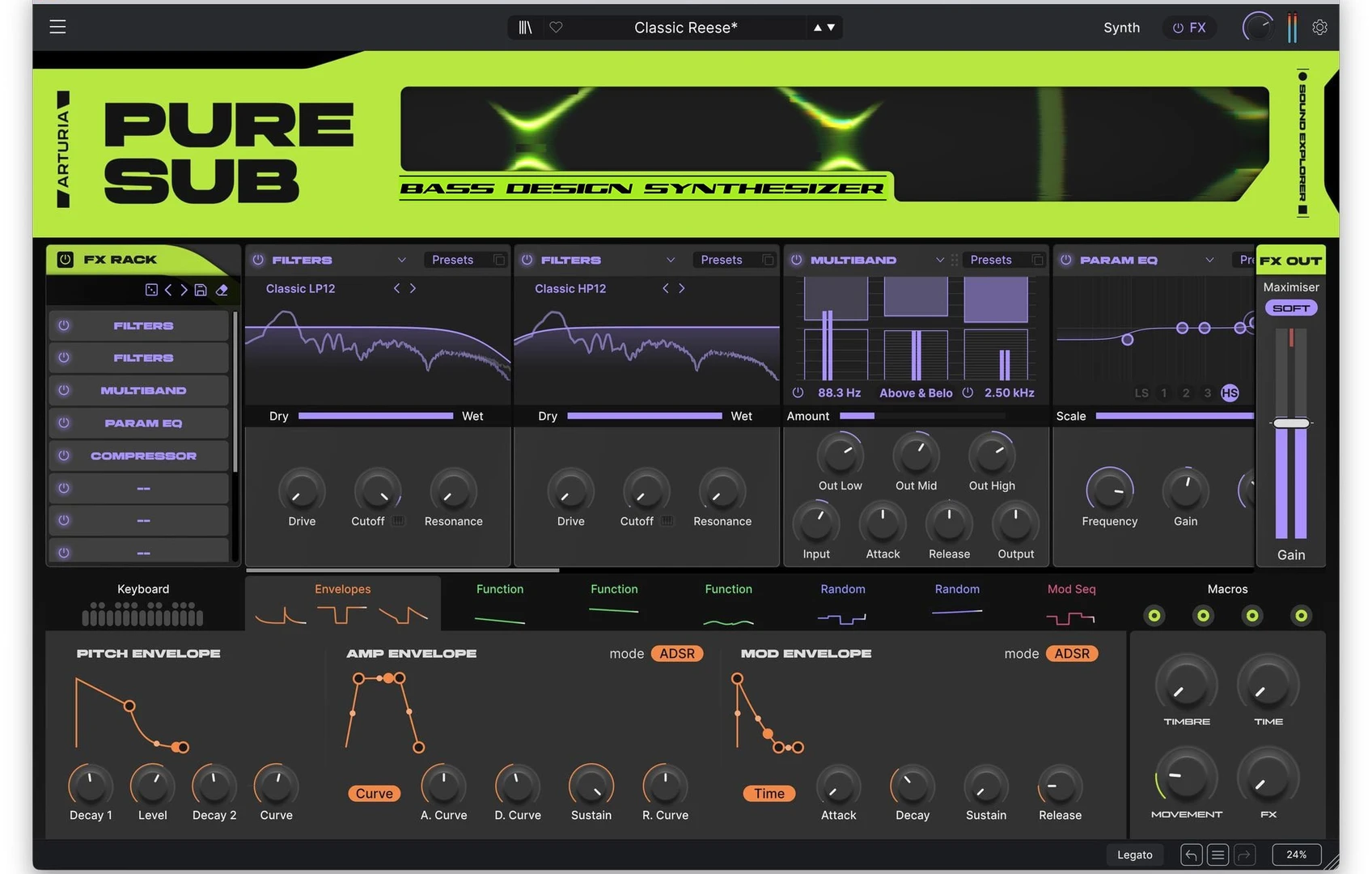 Arturia Pure SUB interface showing the FX Rack, filters, multiband processing, parametric EQ, envelopes, and macro controls.