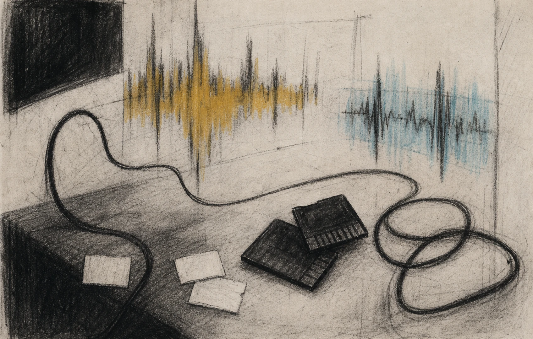 Bauhaus-inspired cut-paper collage of cobalt waveform blocks, amber memory shapes, and looping cables arranged like a quiet digital memorial.