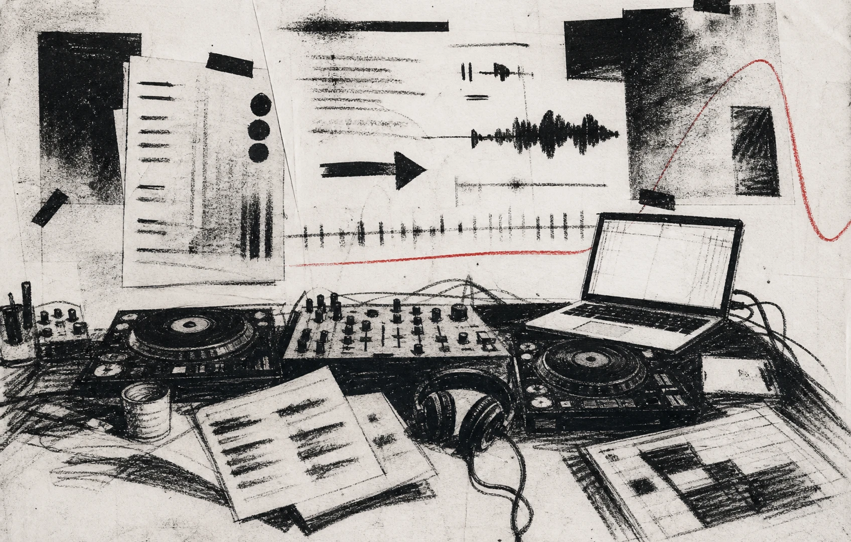 A grainy editorial collage of a dim DJ booth with glowing waveform fragments, loose paper tracklists, and cut-paper arrows suggesting signal flow and file movement
