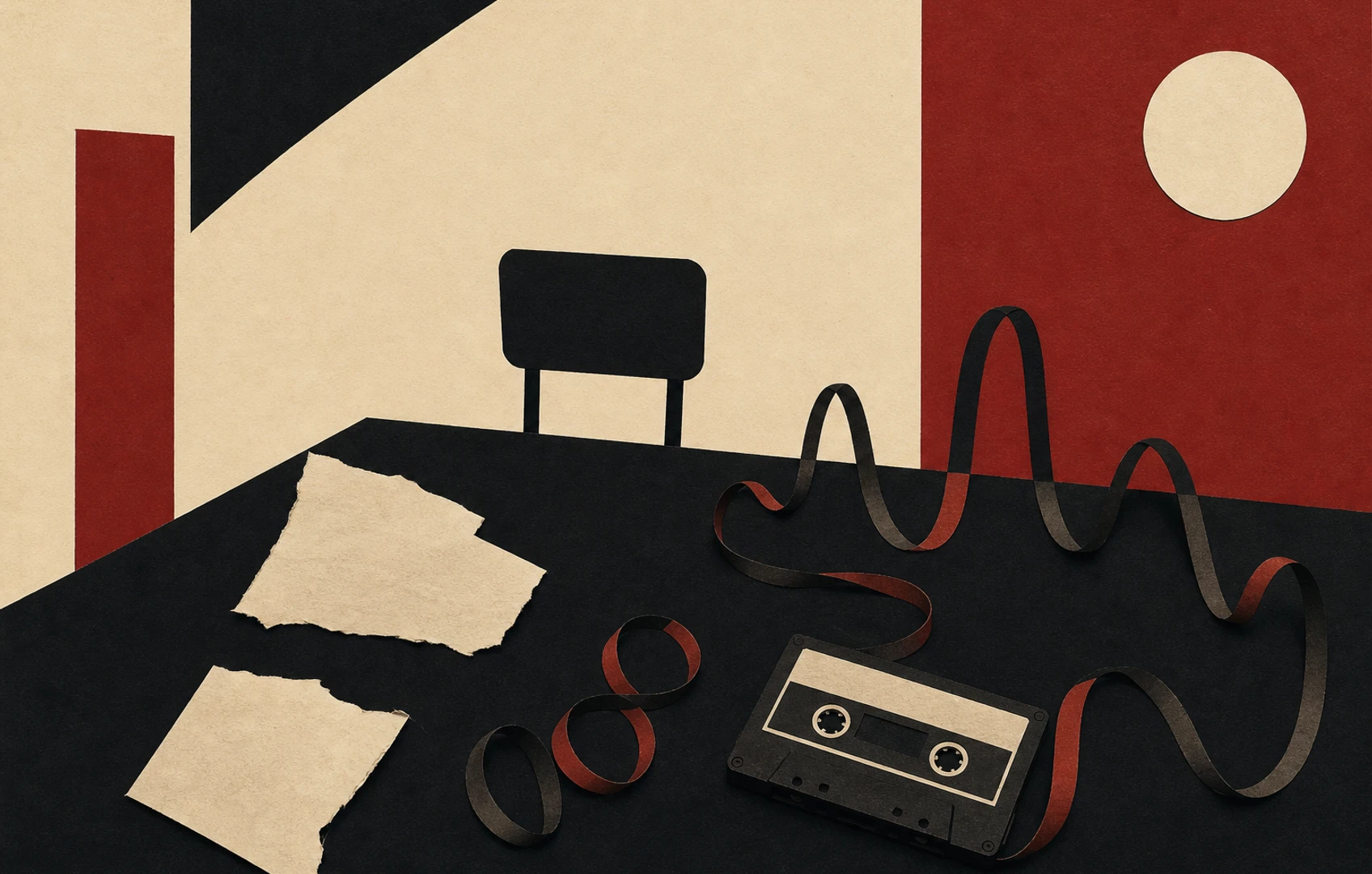 A handmade editorial collage of paper scraps, cassette tape loops, lyric sheets, and abstract waveform shapes arranged around an empty chair at a conference table