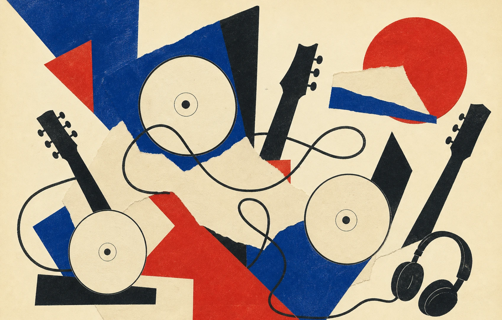 Zine-style collage of torn paper islands, a tangled headphone cable, angular guitar silhouettes, and scratched blank discs in cobalt, cream, and red.