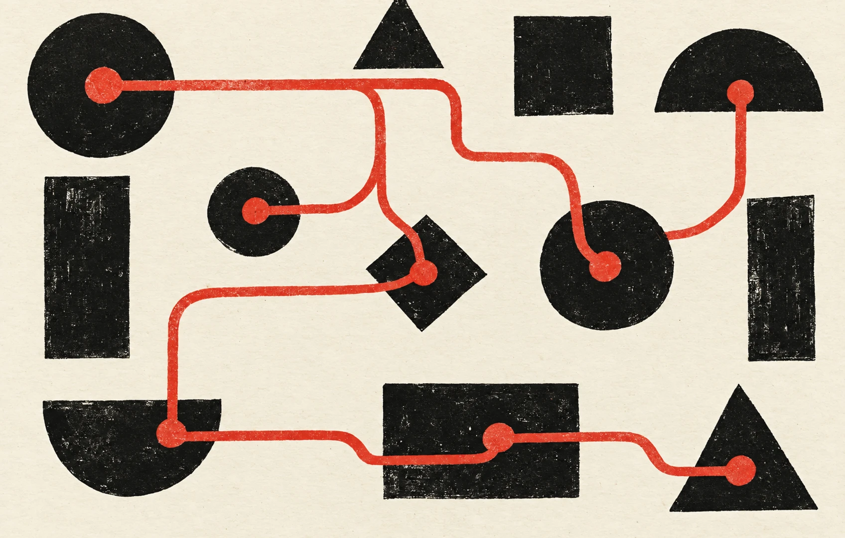A rough black-and-vermilion linocut of a small geometric playfield with a looping red path on cream paper.