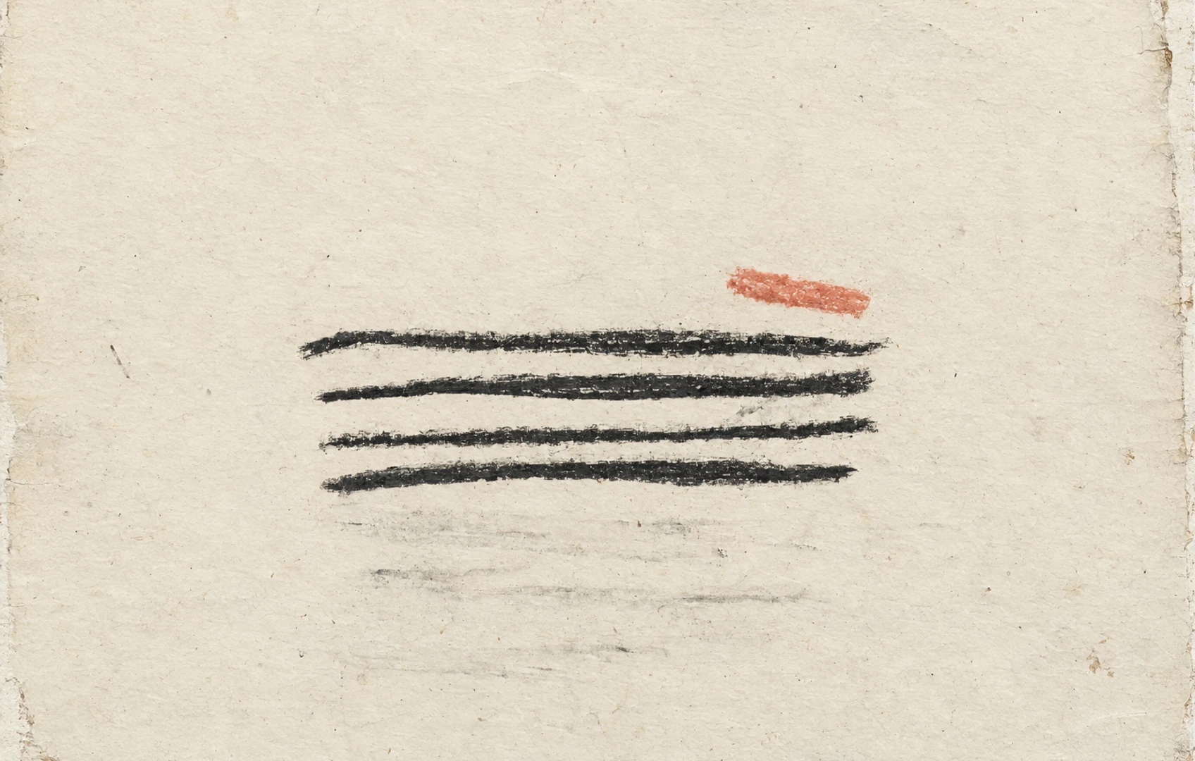 Rough charcoal strokes form a chord-like cluster on grainy cream paper, with one small coral segment shifted upward above faint erased marks.