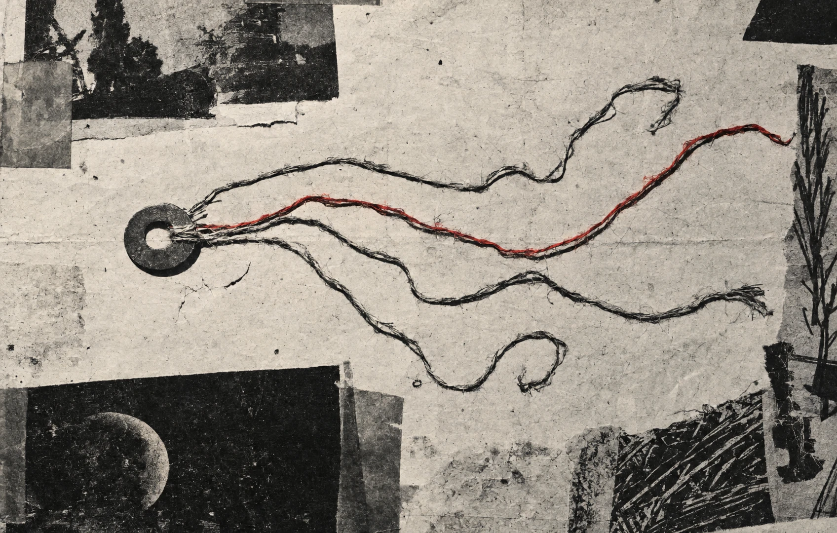 Frayed cream and red threads curl away from a small metal washer on a dark blue tabletop in a grainy, lamp-lit still life.