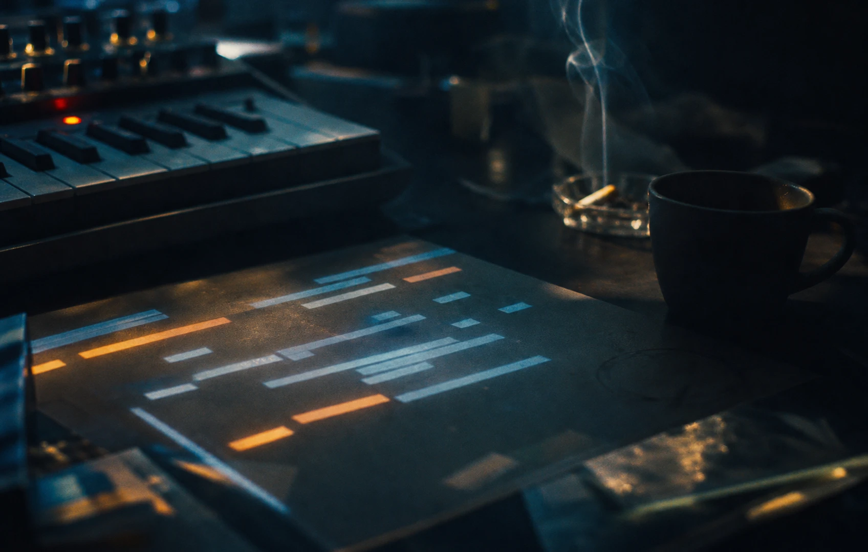 A dim studio desk rendered as a lo-fi editorial still life, with abstract track lanes, sticky notes, and cut-paper shapes suggesting a half-finished session at night.