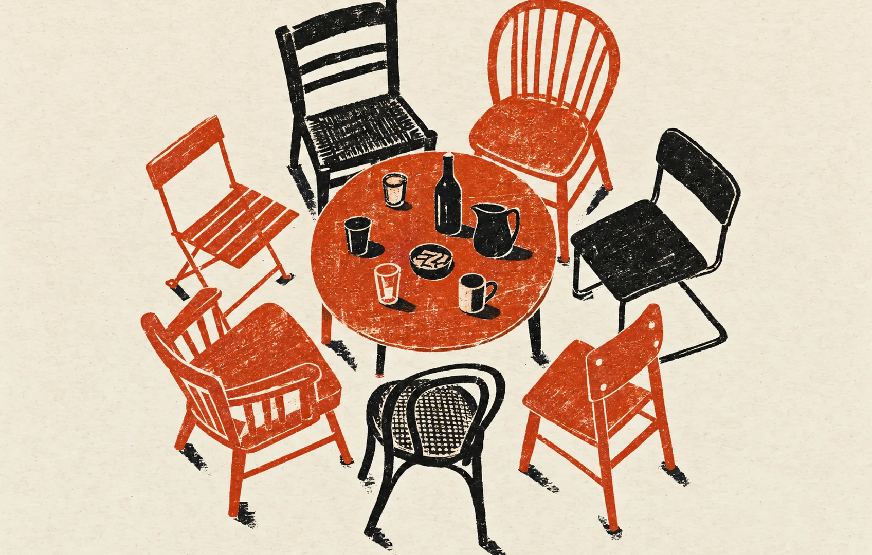 Rough black-and-rust block print of seven mismatched empty chairs crowding a round table on cream paper.