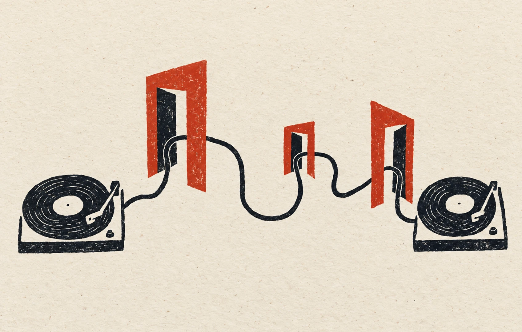 Rough indigo and vermilion linocut of two turntable circles joined by a looping cable through open doorways on cream paper.