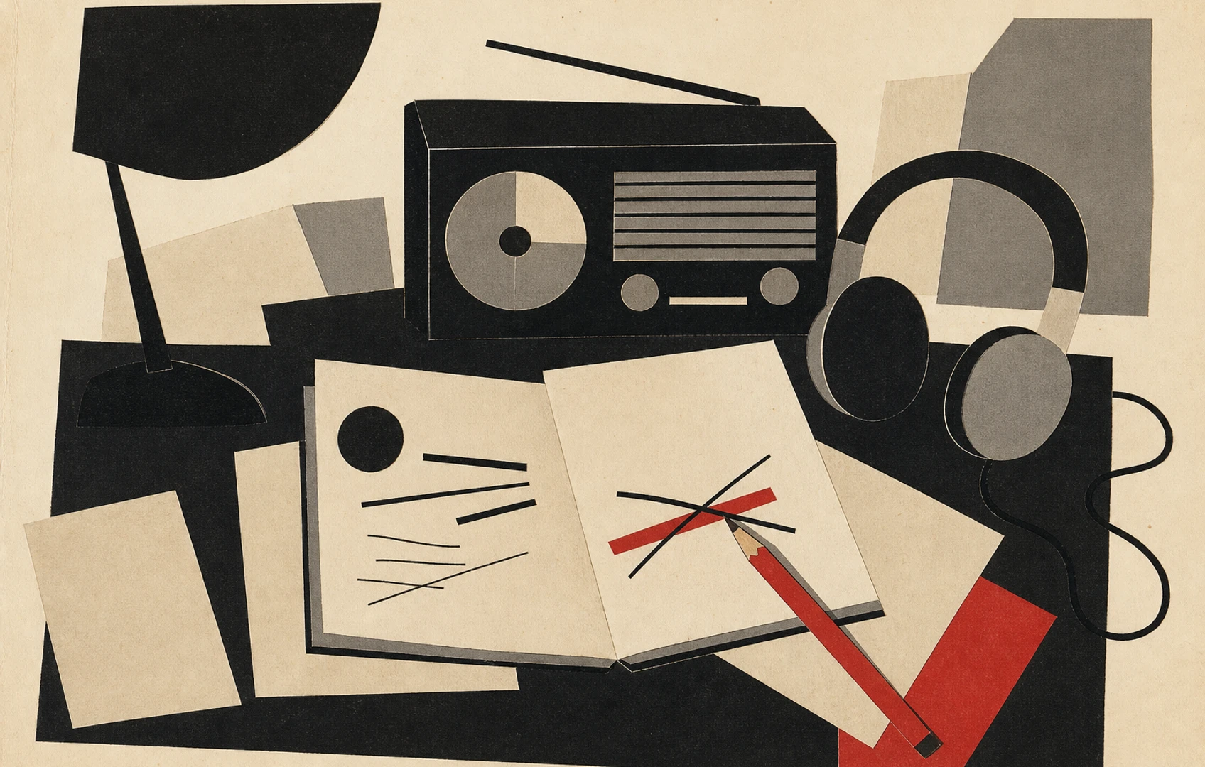 Scratchy monochrome cut-paper illustration of an empty critic’s desk with a tabletop radio, crooked headphones, open notebook, and one red pencil.
