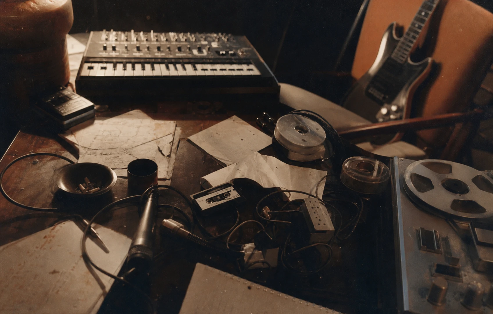 A rough cut-paper editorial scene of a dim recording room with cables, a small synth, guitar, tape notes, and playful geometric shapes spilling across the floor
