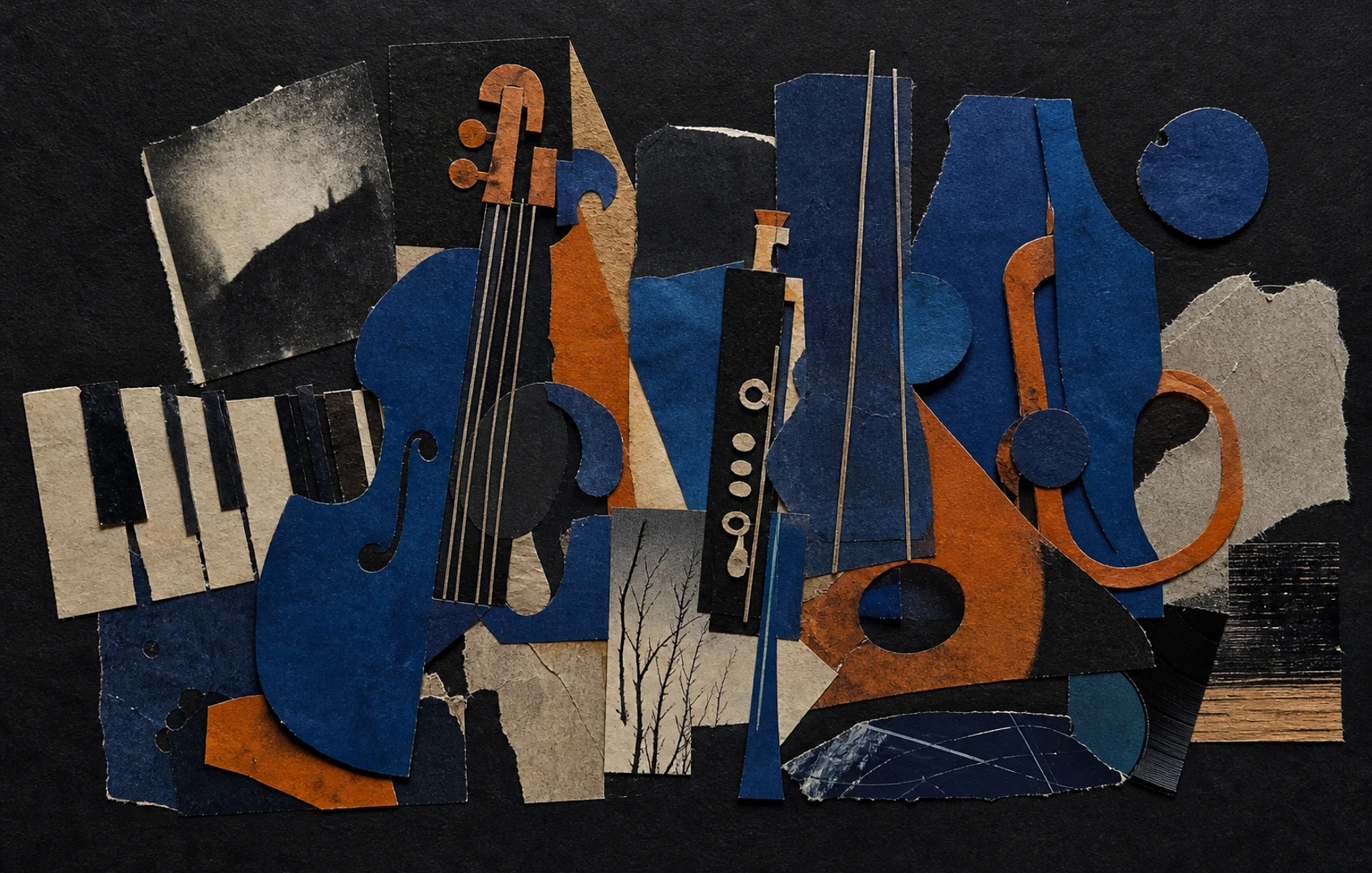 Bauhaus-style cut-paper strings, brass, woodwinds, and keys folding into a slim dark rectangle against faded cobalt and ochre paper.