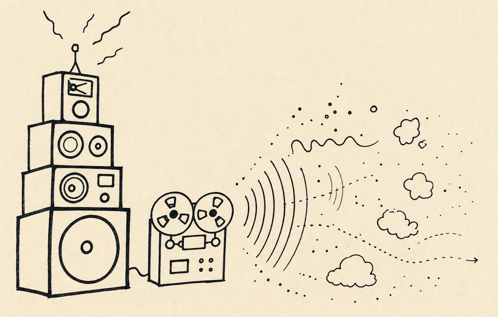 A rough cut-paper and photocopied zine-style composition of speaker boxes, tape loops, echo trails, and strips of torn color drifting across a dark background