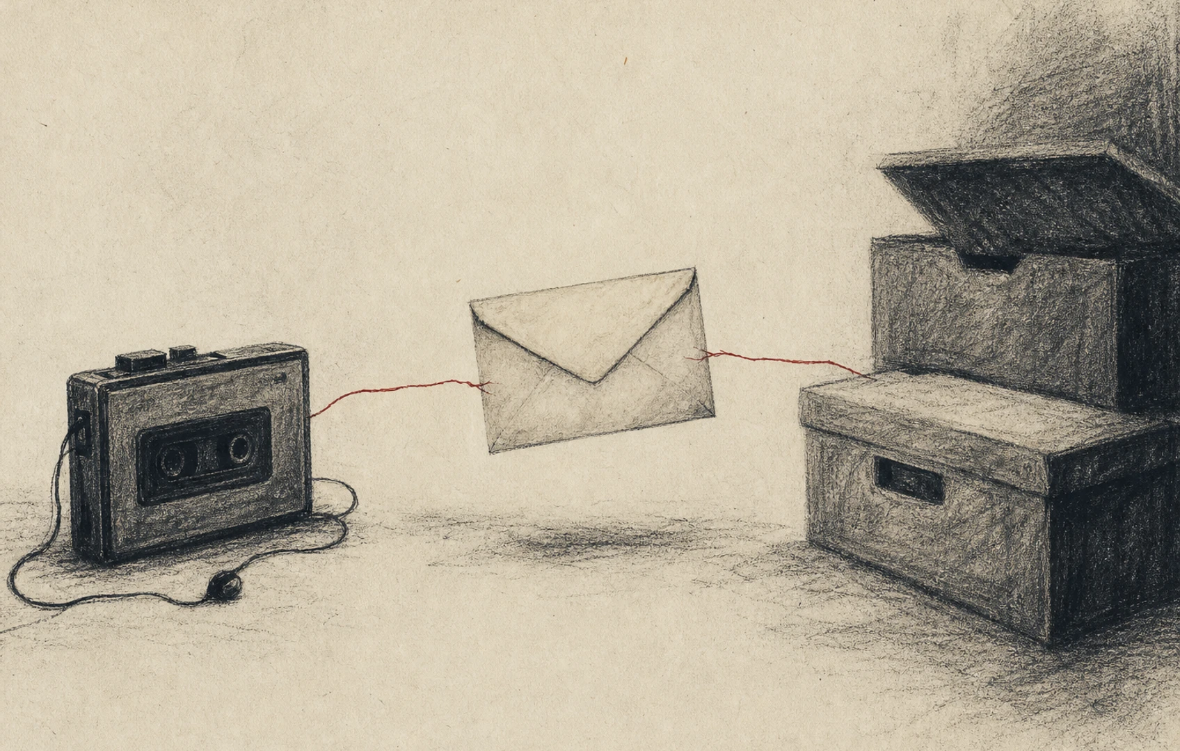 Cut-paper editorial illustration of an unopened envelope suspended between a cassette player and dark archive boxes, joined by a wavering red thread.