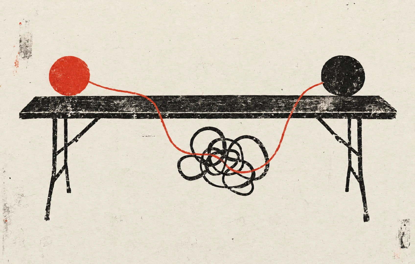 Rough black-and-vermilion linocut of a folding table, with two circles connected by a red line that tangles beneath the tabletop.