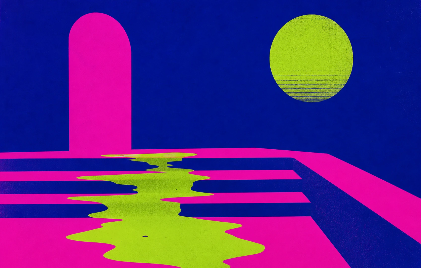 A rough editorial collage of torn paper, a car seat pattern, handwritten arrows, and neon color blocks suggesting two different pop worlds colliding at night