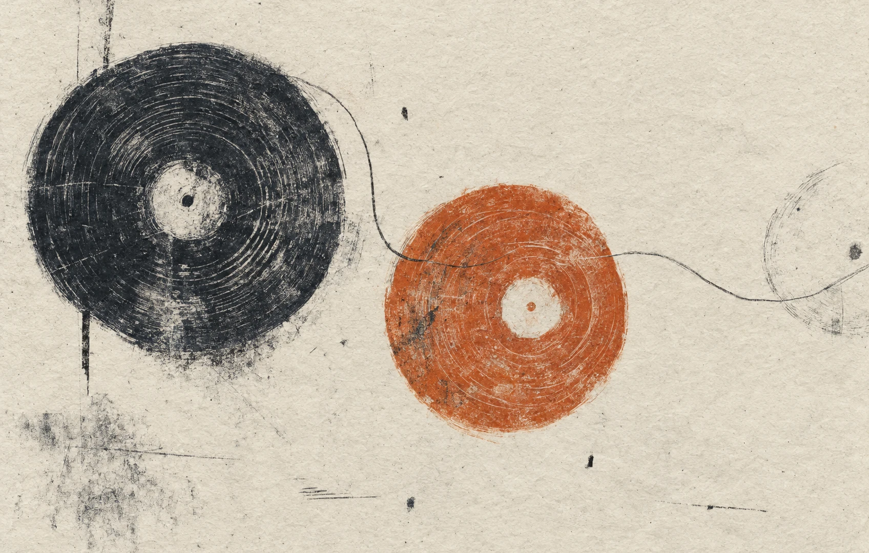 Rough monoprint of indigo and burnt-orange record-like circles connected by a wandering graphite line on cream paper.