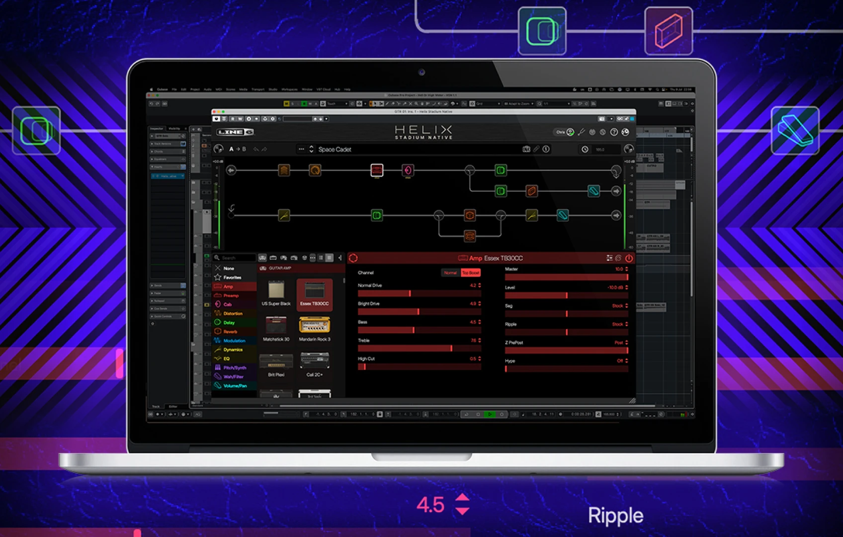 Line 6 Helix Stadium Native plugin running inside Cubase on a MacBook Pro, showing a dual signal chain and the Essex TB30CC amp panel.
