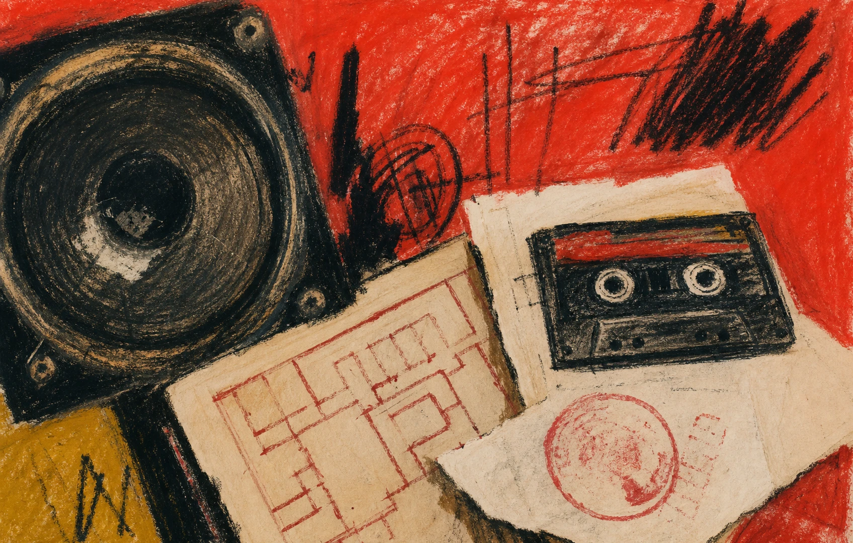 A lo-fi editorial collage of a cassette, speaker cone, venue floor plan, and scattered royalty slips in muted reds and ink-black shapes