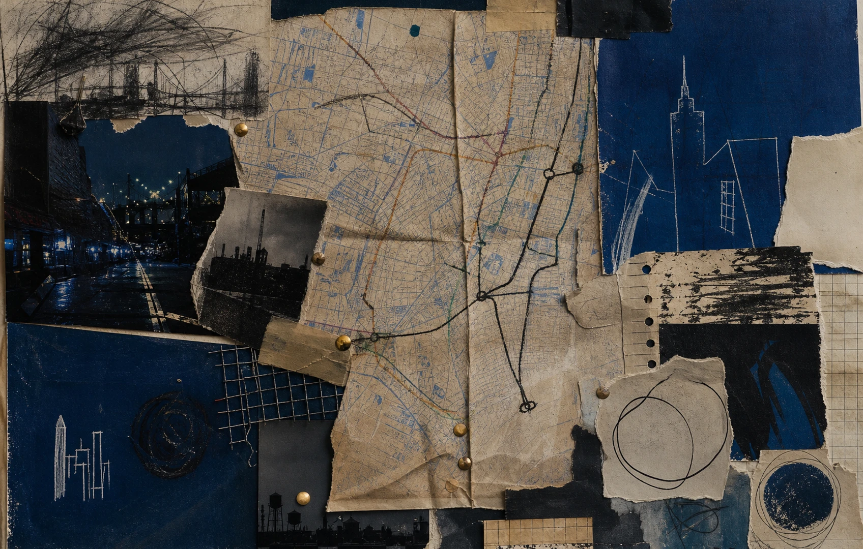 A gritty editorial collage of a folded city map, subway lines, gold pushpins, torn notebook paper, and abstract blocks suggesting New York at night.