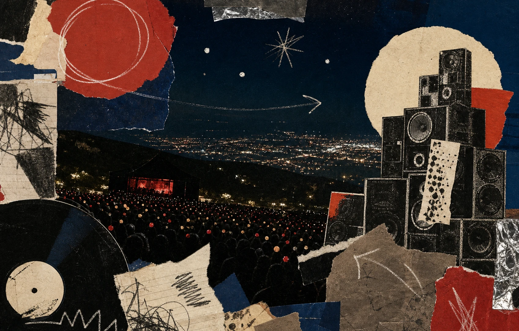 Un collage éditorial brut d’une colline de festival nocturne, de piles de haut-parleurs en papier découpé, de fragments de setlist manuscrits et de blocs urbains lumineux dans des tons bleu profond et rouge.