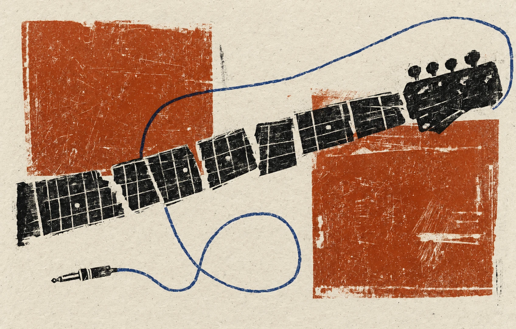A rough ink print of a fragmented black guitar neck crossing rust-orange blocks, with a looping blue line on grainy cream paper.
