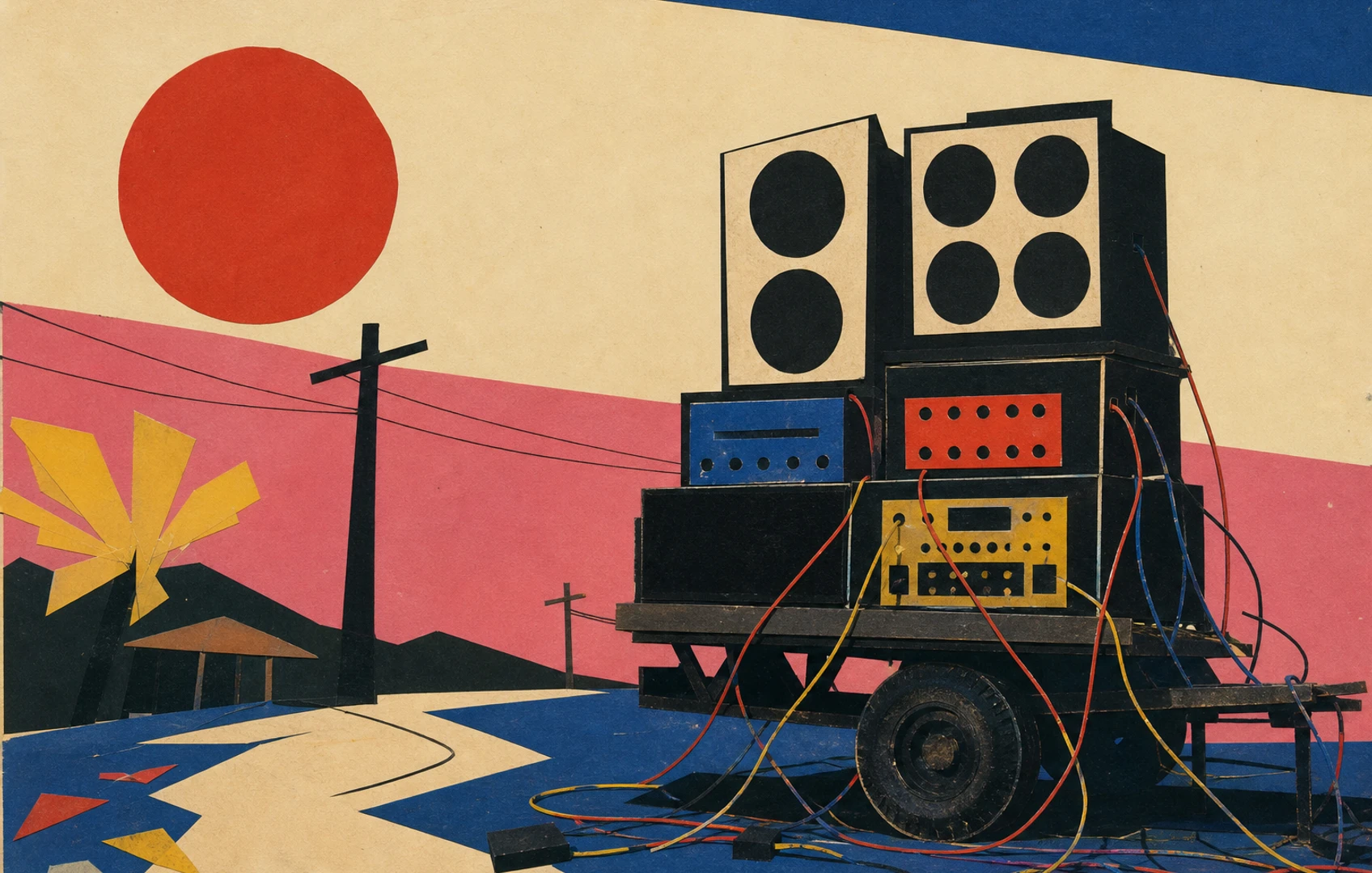 A rough editorial collage of towering handmade speaker stacks, looping cables, cut-paper fields, and a glowing dusk sky over a rural road