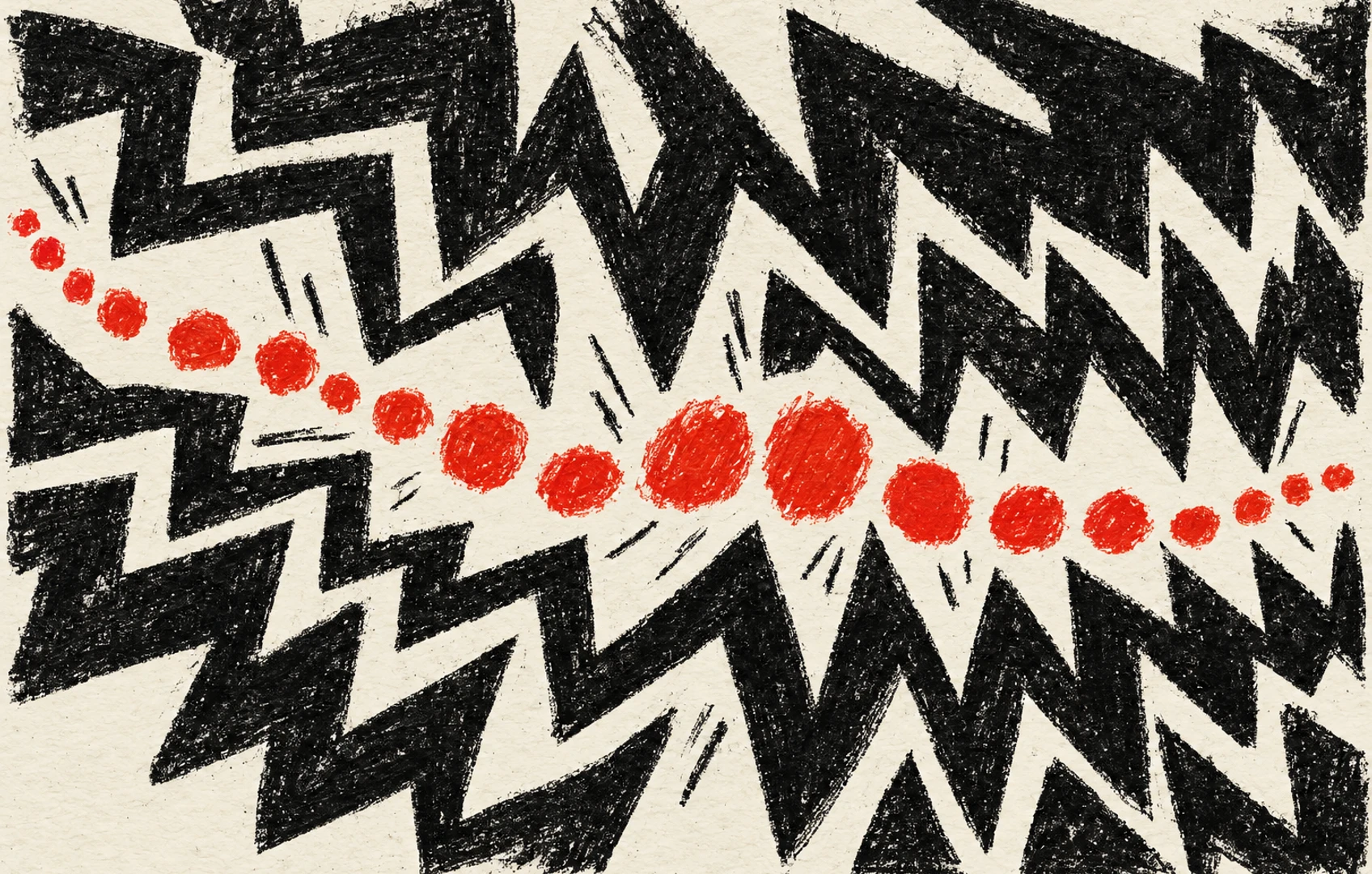 Rough black zigzag bands broken by cream-paper gaps surround a winding red dotted line in a handmade two-color print.
