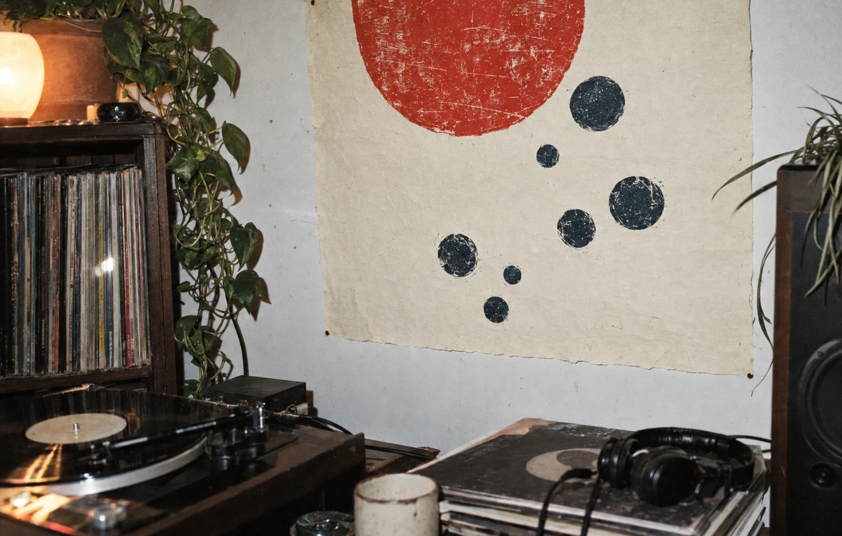 Rough red and indigo circles wander across cream paper in a two-color linocut, with the largest shape cropped by the top edge.