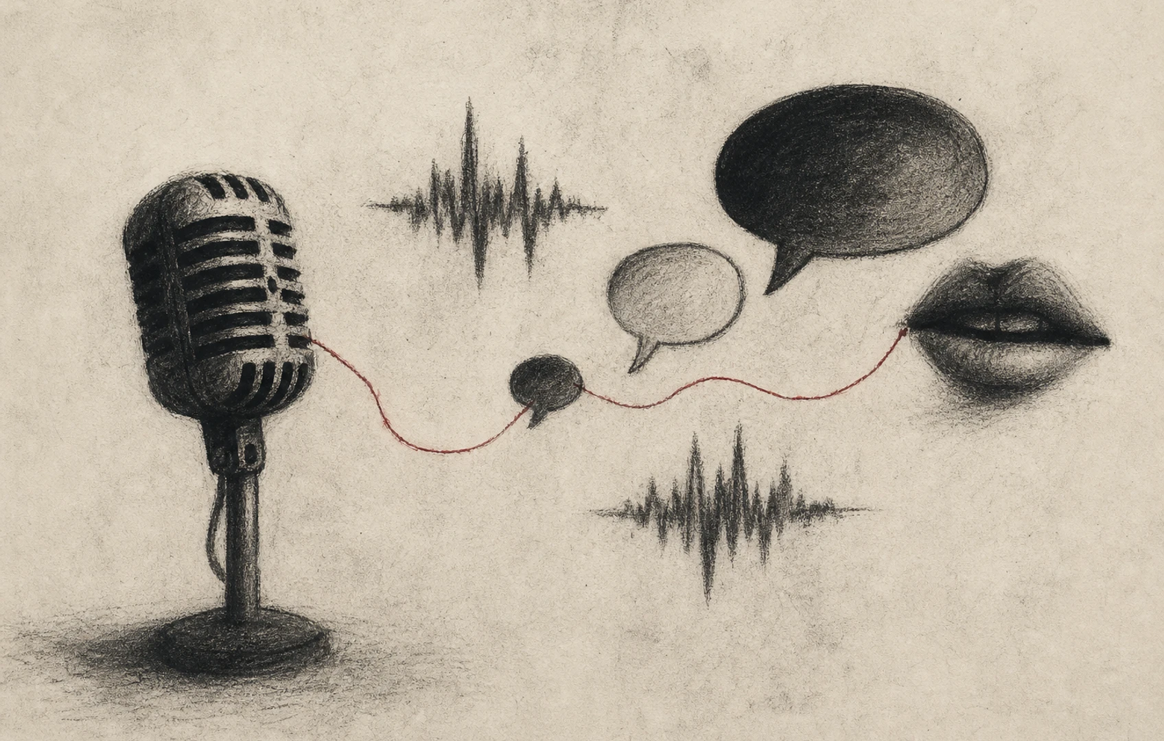 A lo-fi editorial collage of a vintage microphone, torn waveform shapes, and cut-paper lips drifting across a dark field with red thread accents