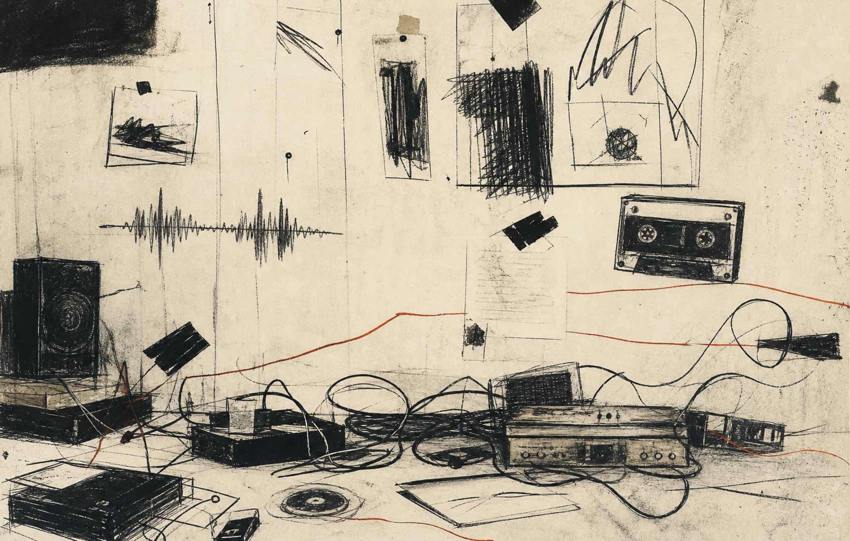 A moody editorial collage of cassette scraps, handwritten notes, waveform-like pencil marks, and torn paper arranged on a dark field with a faint blue glow.