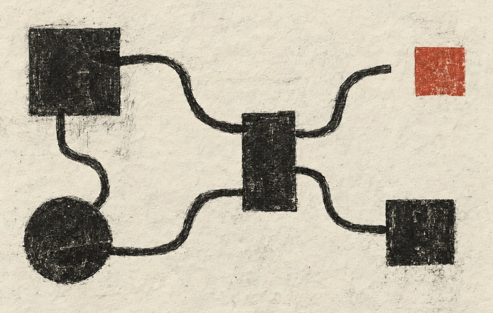 Rough black cable-like loops cross a grainy cream linocut, with a single vermilion block interrupting the route between geometric shapes.