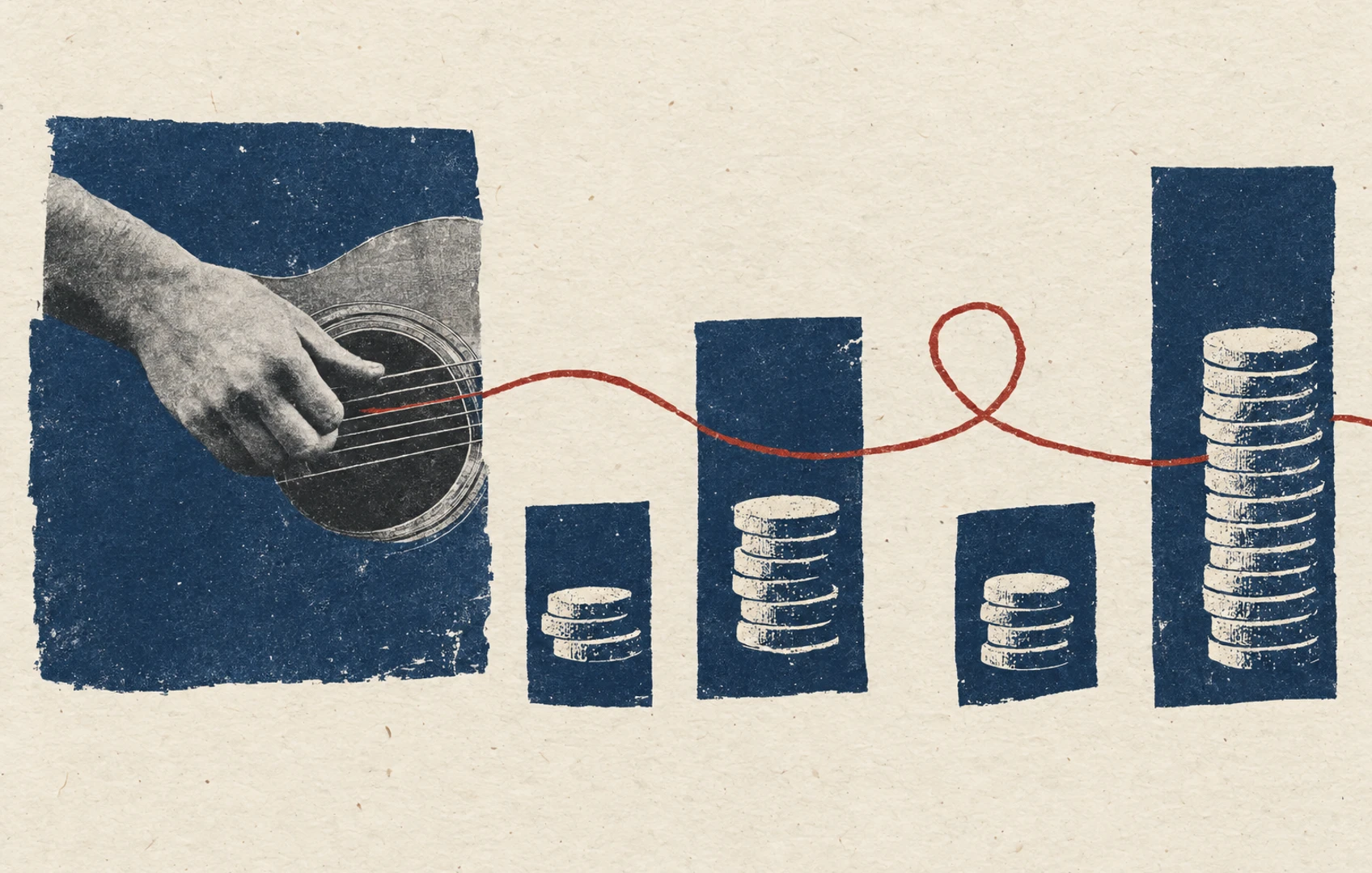 Uneven indigo blocks stagger across textured cream paper, with a thin rust-red cable looping through the gaps and visible grain in the printed ink.