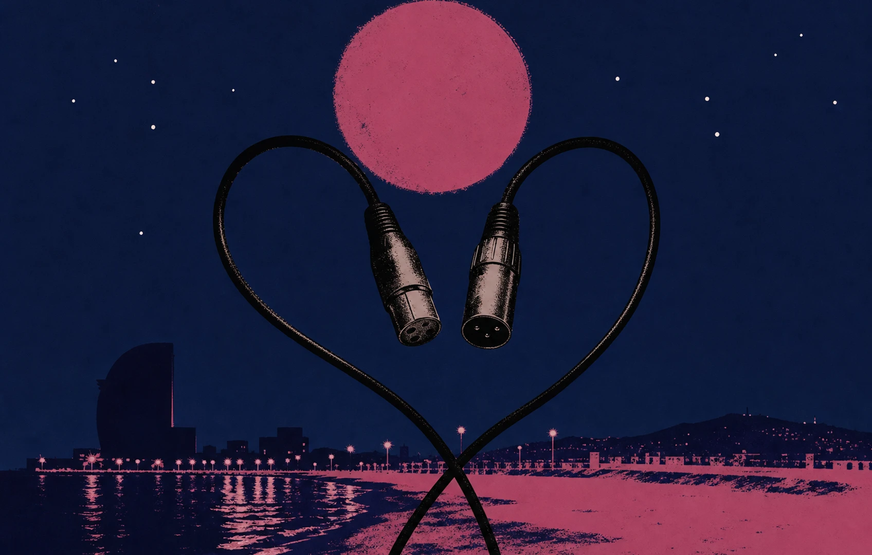 A grainy editorial collage of cut-paper stars, a shoreline stage glow, and two intersecting microphone cables forming a jagged heart against a dark blue night sky.