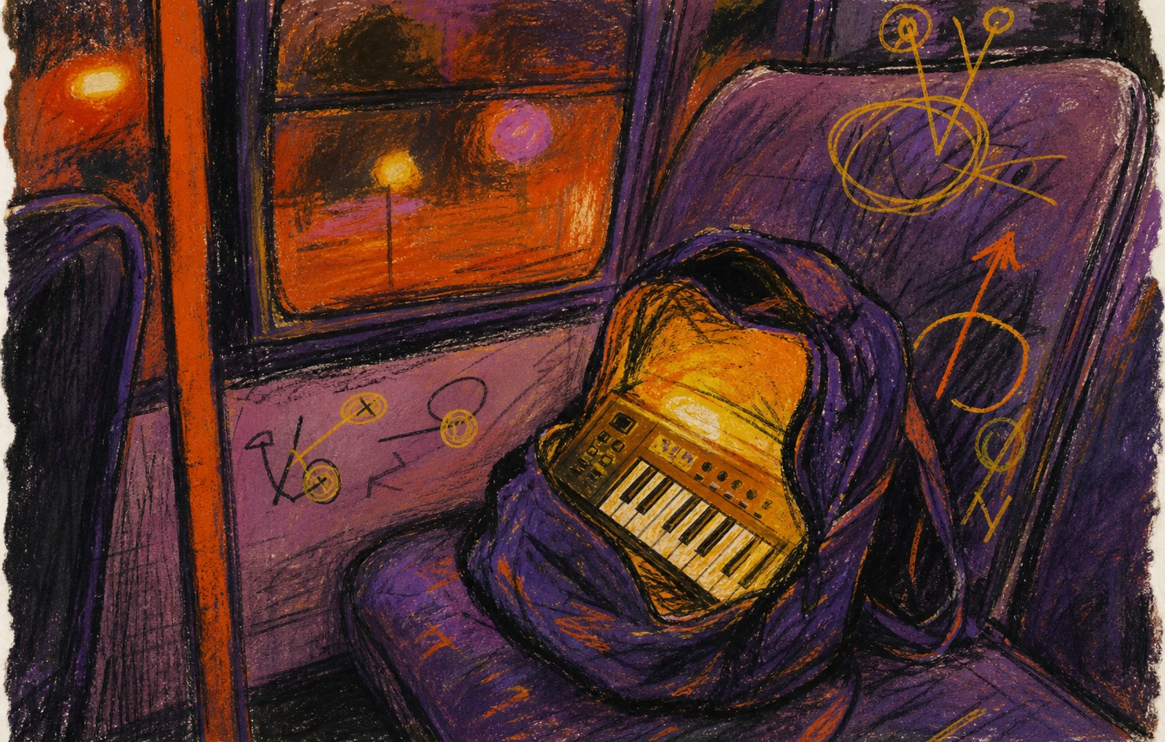 A handmade editorial collage of a small keyboard glowing in a backpack beside scribbled chord diagrams, cut-paper circles of fifths, and nocturnal transit textures.
