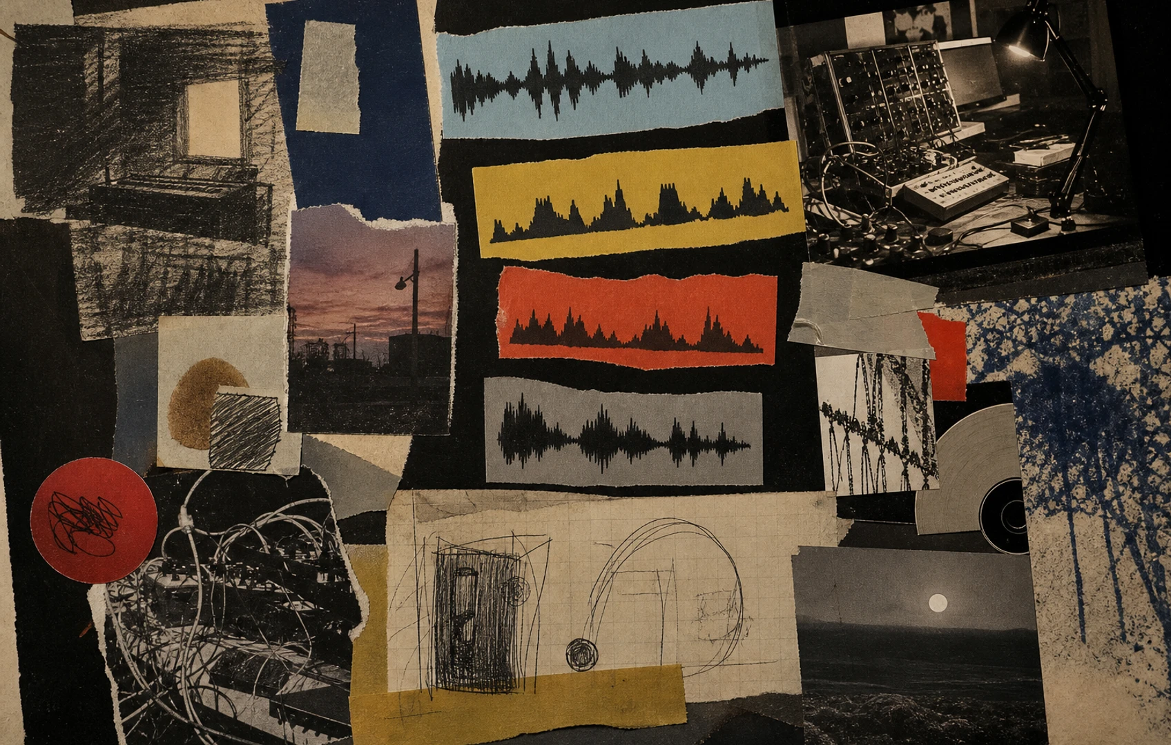 A grainy, lo-fi desk scene with waveform-like paper cutouts, colored stem channels, tangled cables, and a laptop glow in a dark studio corner