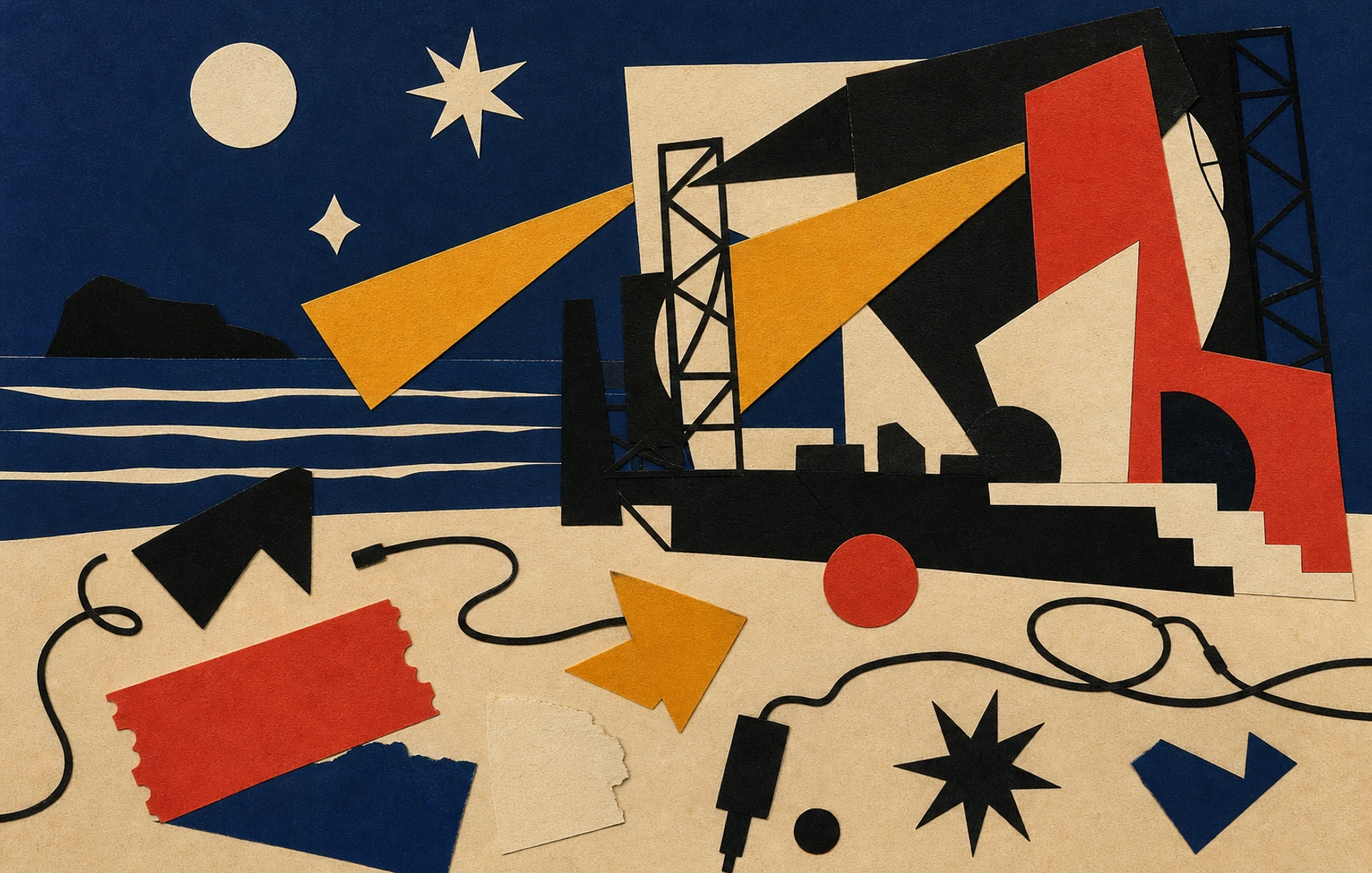 A rough cut-paper night scene of a seaside festival map breaking into arrows, stars, and tangled speaker cables under a dark blue sky.