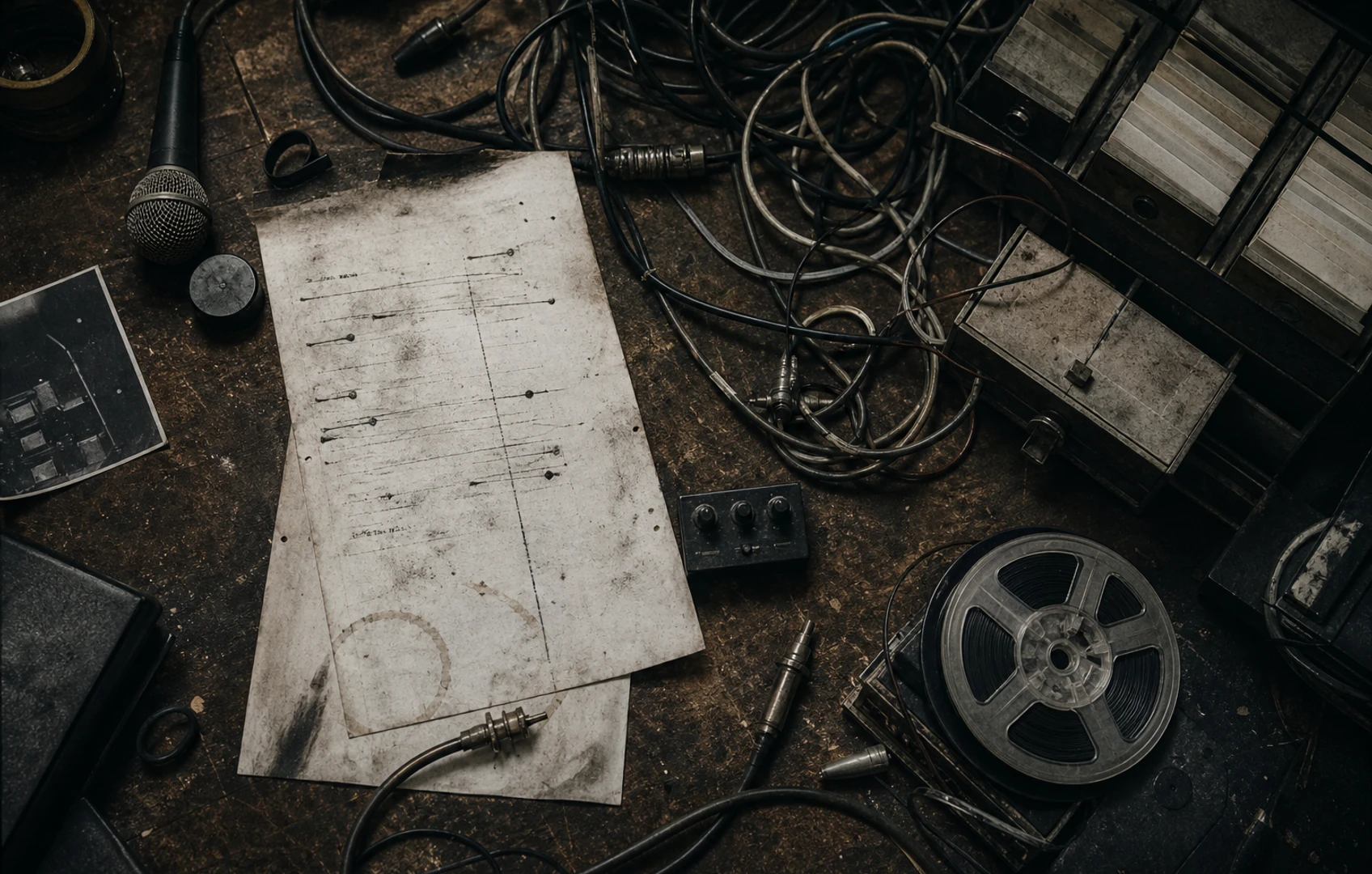 Hand-drawn black ink maze of audio cables, plumbing valves and filing drawers connected by a single red line on rough cream paper.