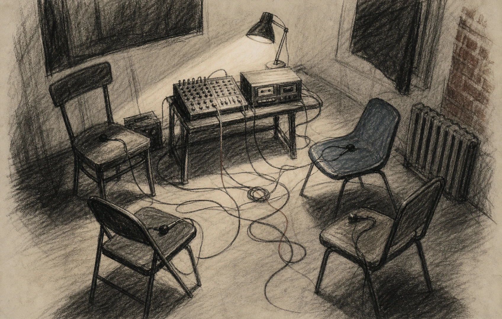 Cut-paper editorial collage of an empty home studio, with mismatched chairs and looping cables gathered around a small mixer.
