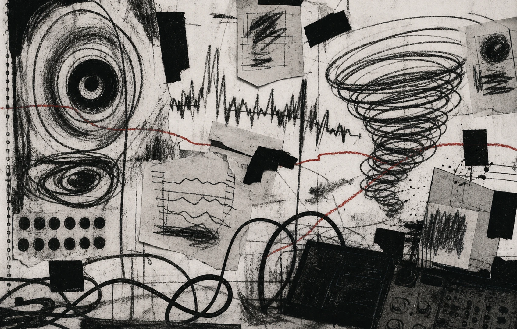 A rough cut-paper poster composition of speaker cones, waveform scraps, and torn neon shapes spiraling through a dark field, suggesting a sudden electronic album drop.