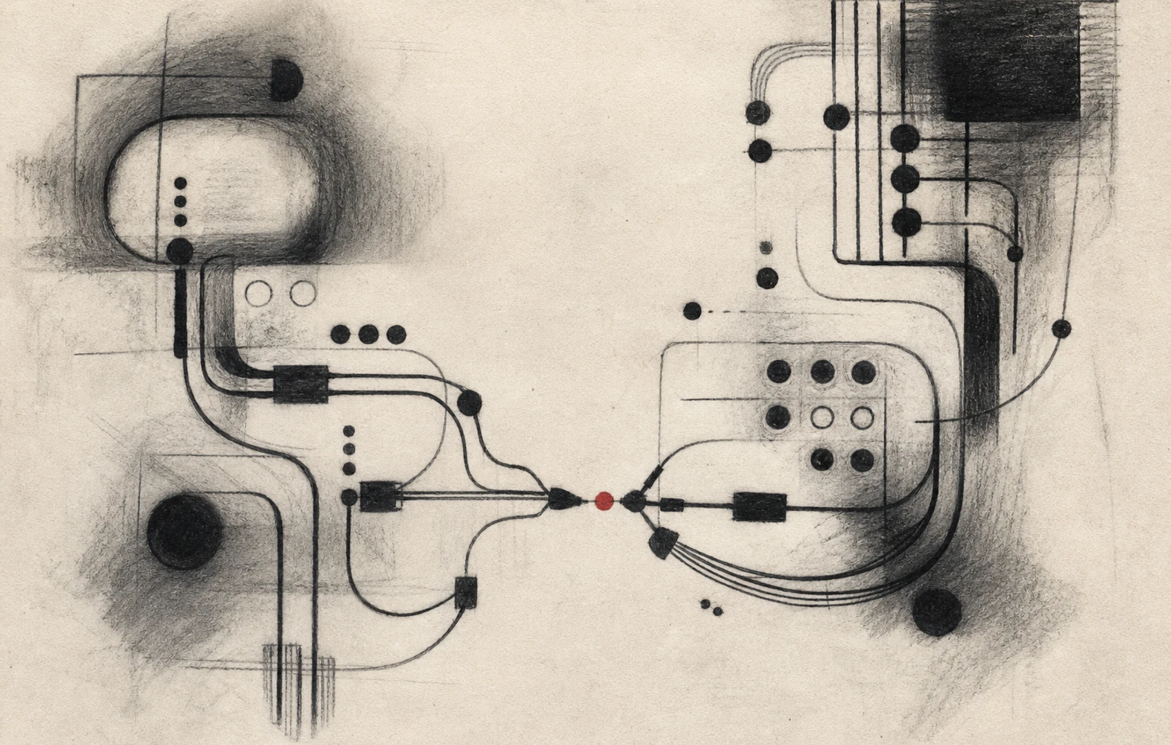 A charcoal and red cut-paper graphic of two tangled signal paths converging at one junction on rough paper.