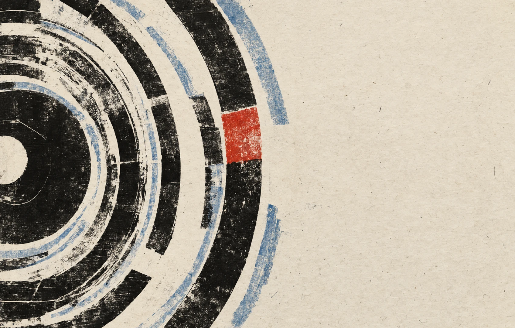 Rough black record-groove arcs repeat across cream paper, with pale blue offset impressions and a red block interrupting one curve.