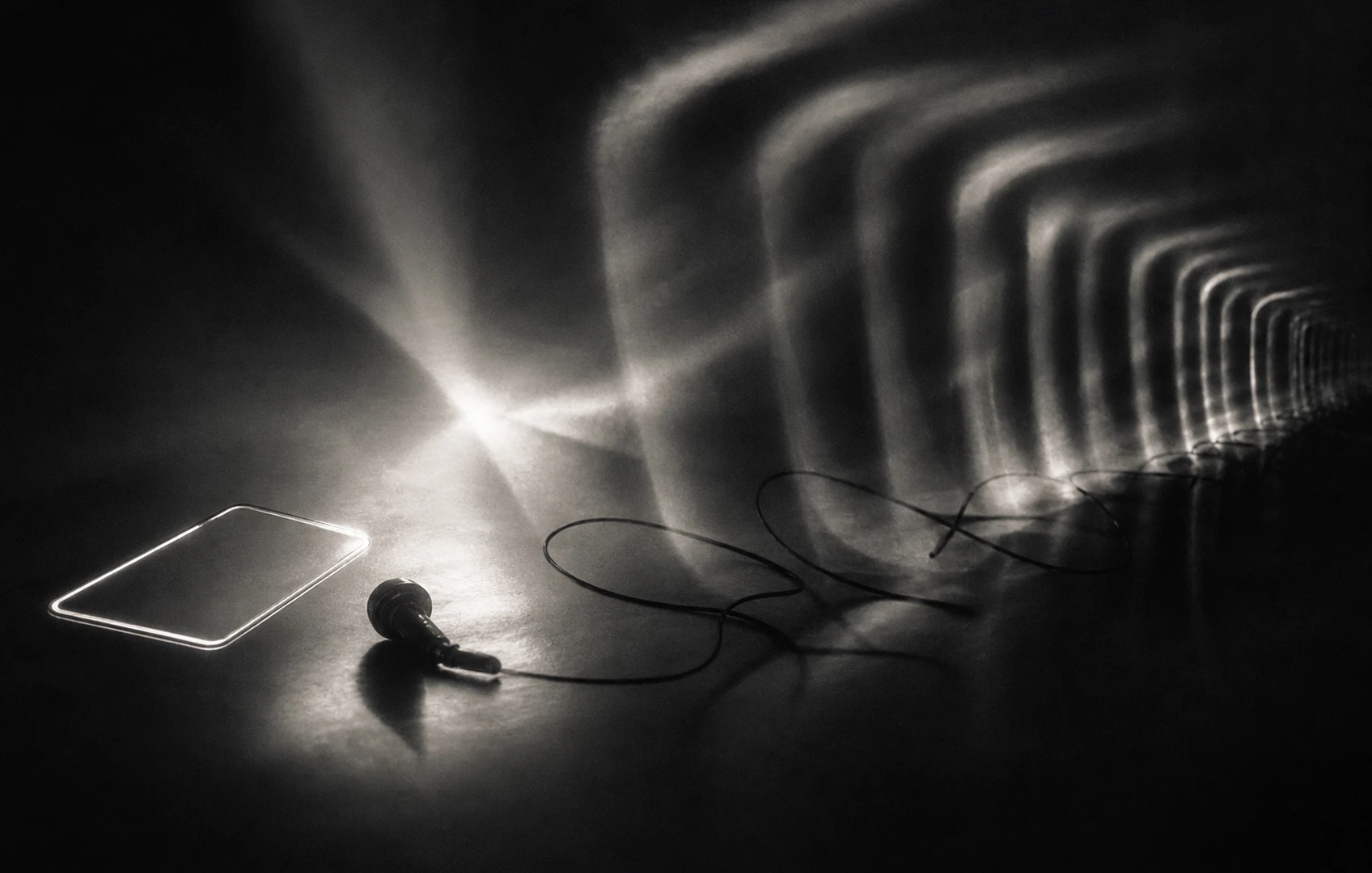 Black-and-white editorial sketch of a blank smartphone, vocal microphone, duplicated waveforms, and a red thread across grainy cream paper