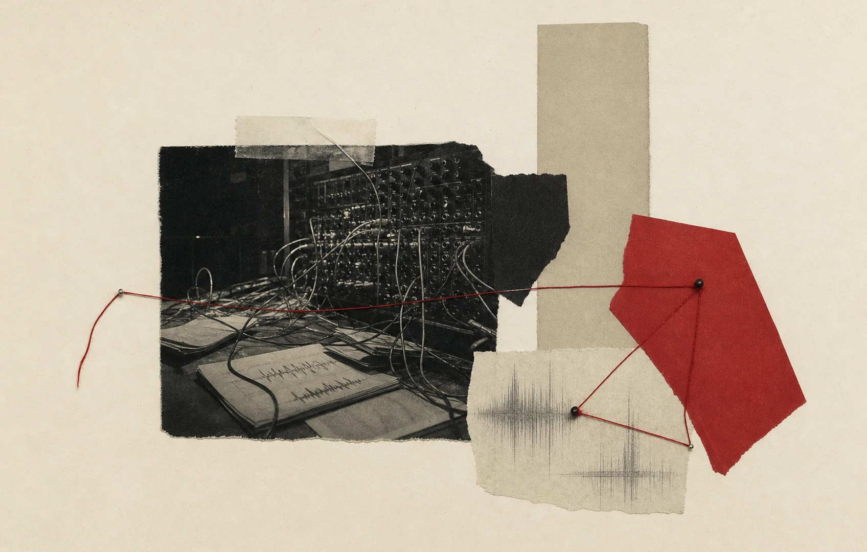 A lo-fi editorial collage of tangled audio cables, waveform scraps, filing tabs, and red-thread connections pinned across a dark desk