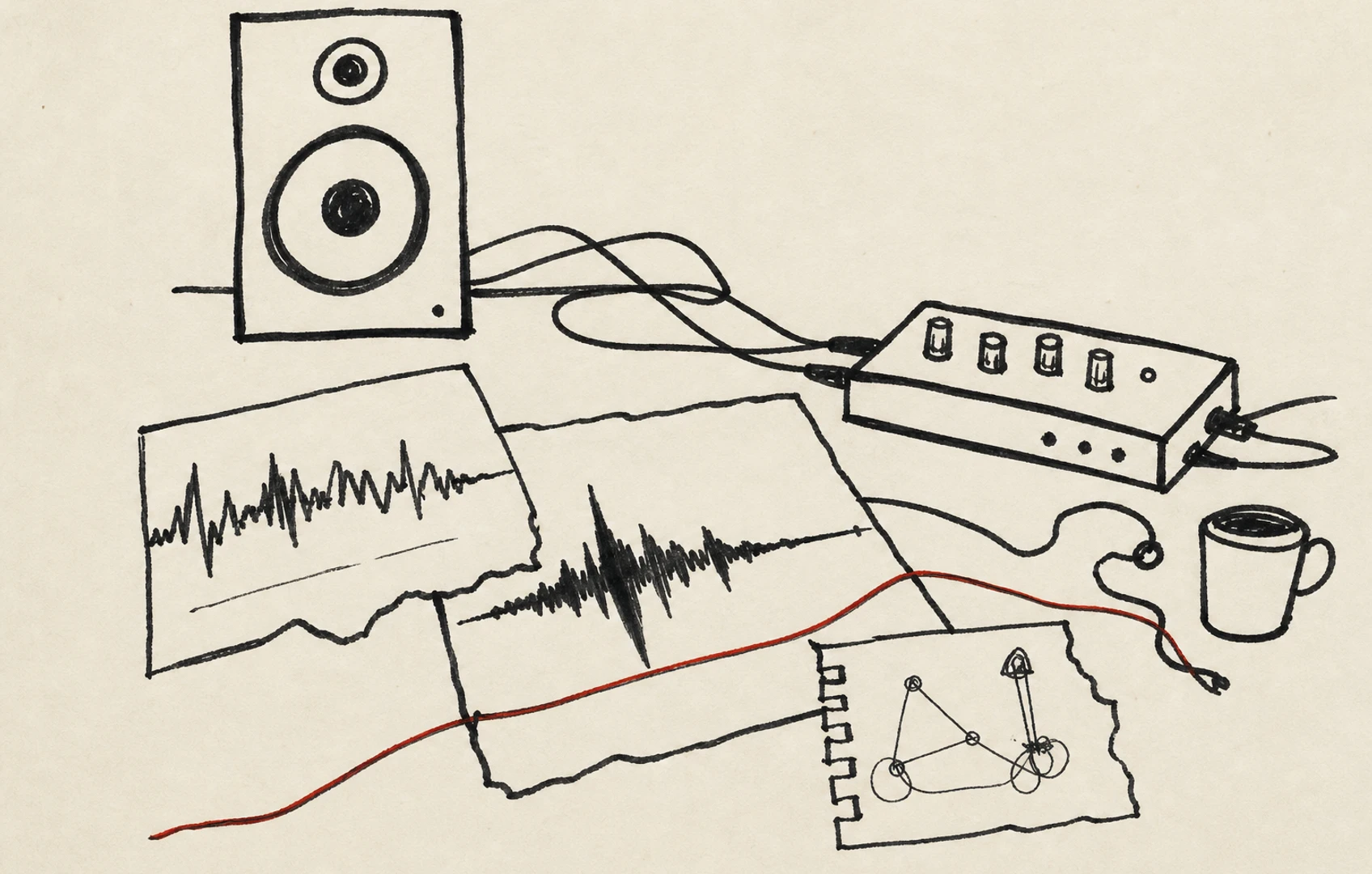 A rough editorial collage of waveform scraps, handwritten notes, torn paper, and dark empty studio space with a red thread connecting scattered audio fragments