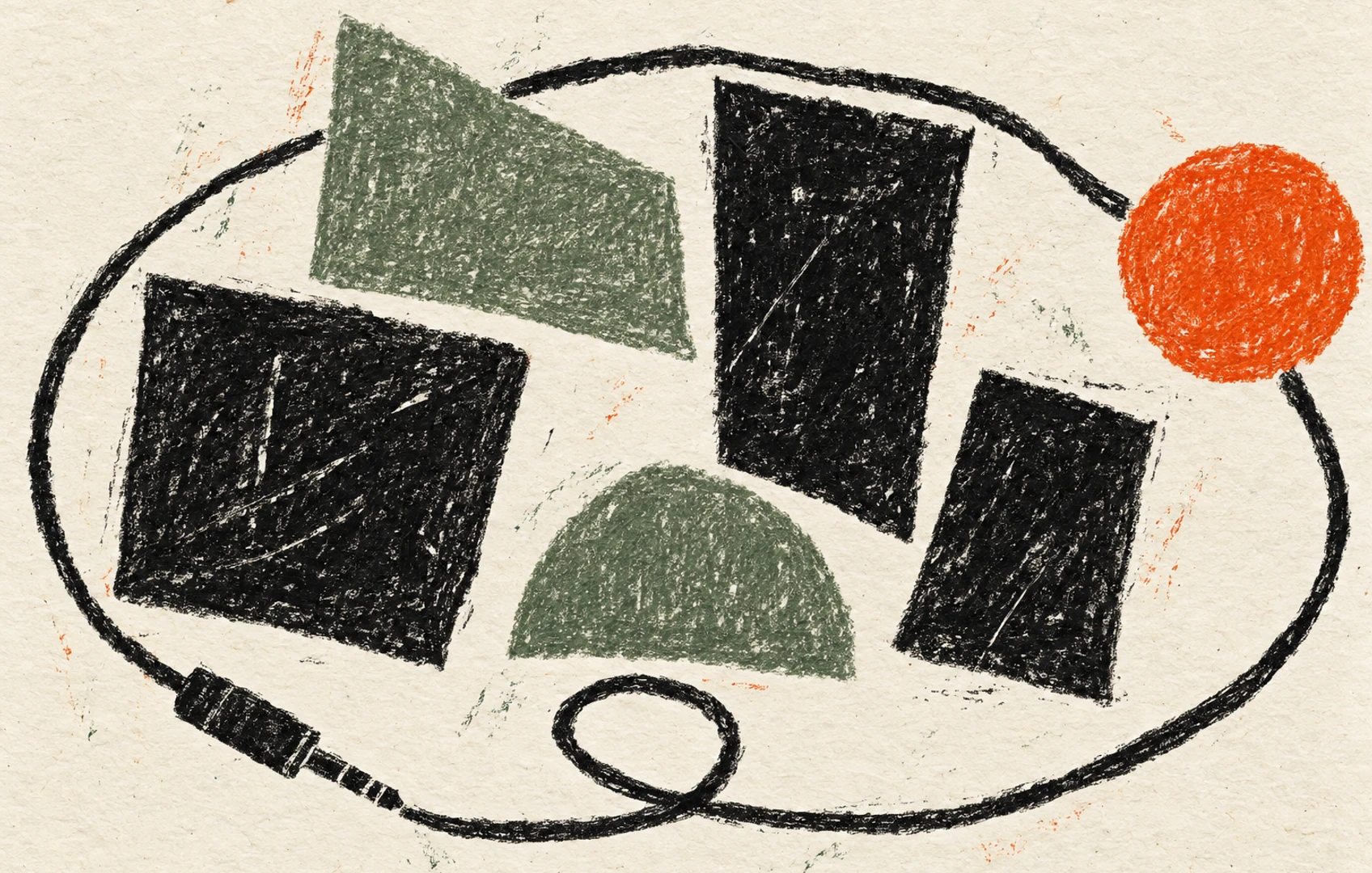 Rough black linocut of a looping cable and uneven geometric blocks on cream paper, with a muted orange circle outside the pattern.