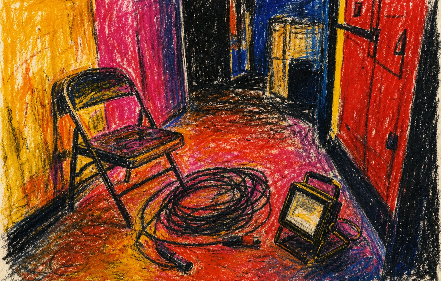 Grainy flash photograph of an empty folding chair, coiled audio cables, and a switched-off work light in a scuffed club corridor.