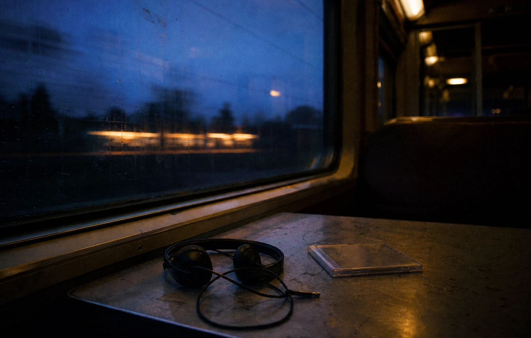 Grainy blue-hour photograph of wired headphones and an unmarked CD case on a train table beside a rain-streaked window.