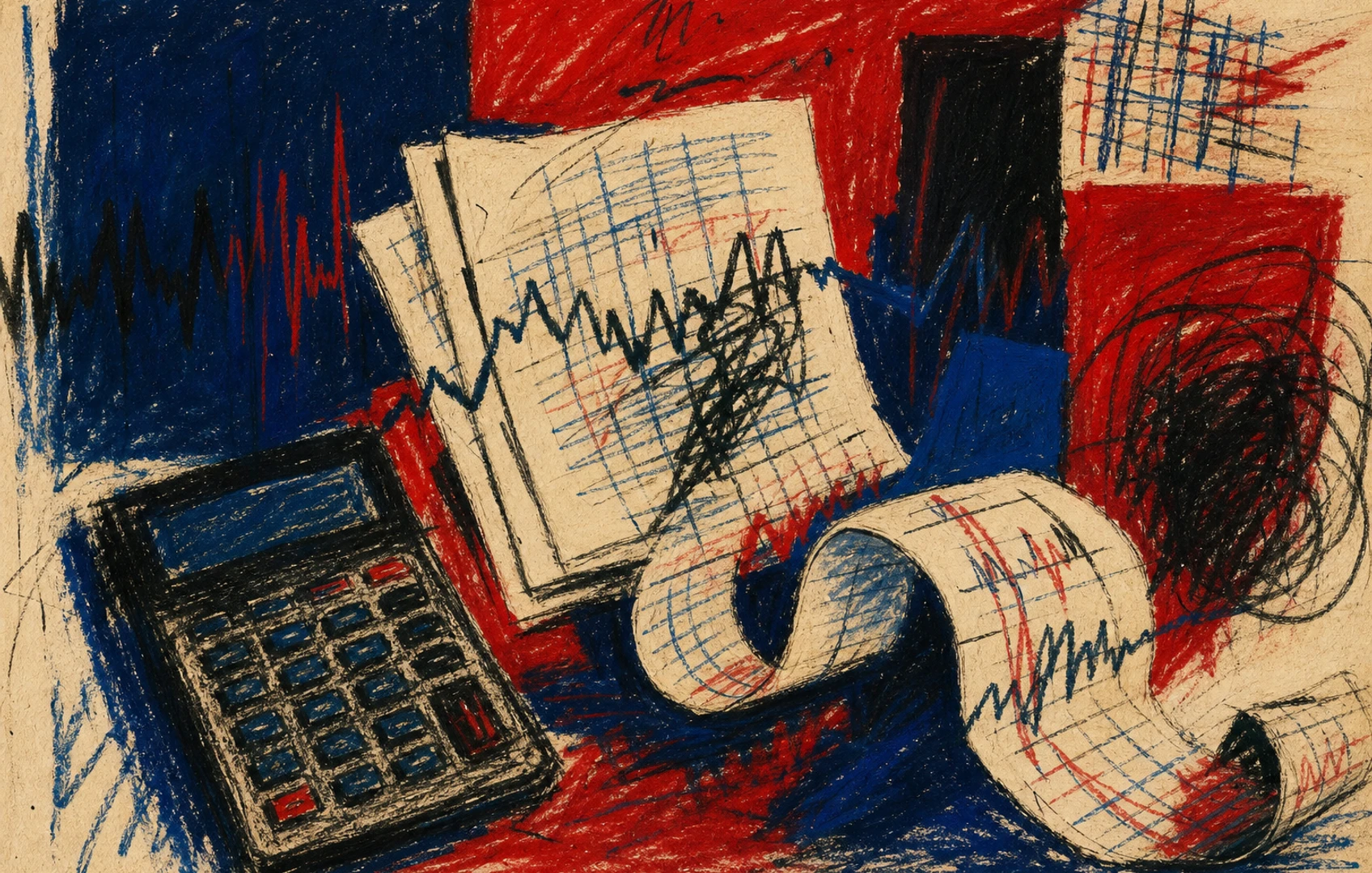 A lo-fi editorial collage of tangled spreadsheet lines, waveform fragments, stamped paper slips, and a calculator on a worn studio desk in muted blues and reds.